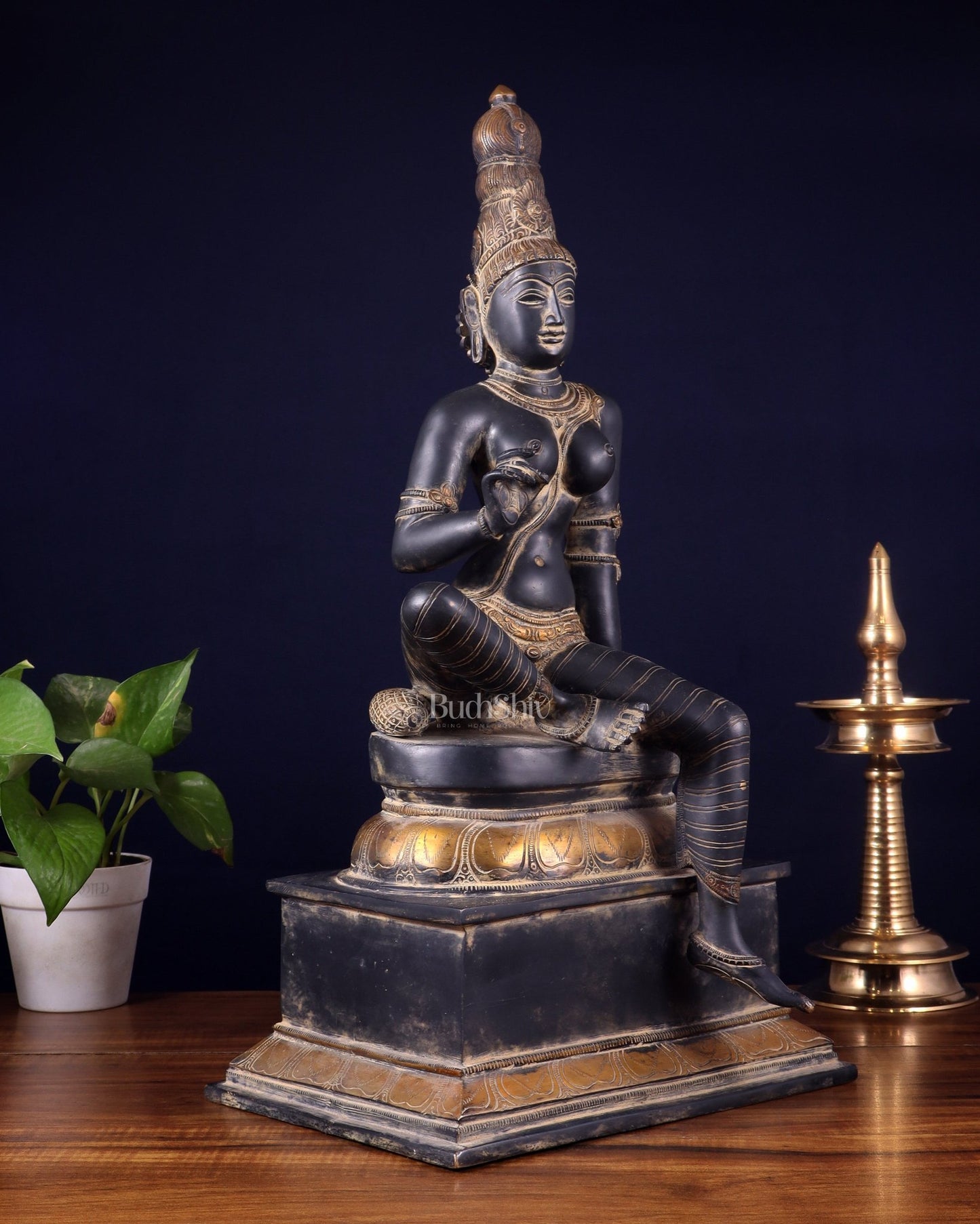 Brass Bhoga Shakti Seated Parvati Uma Devi Sculpture | Height: 20.5 inch - Budhshiv.com