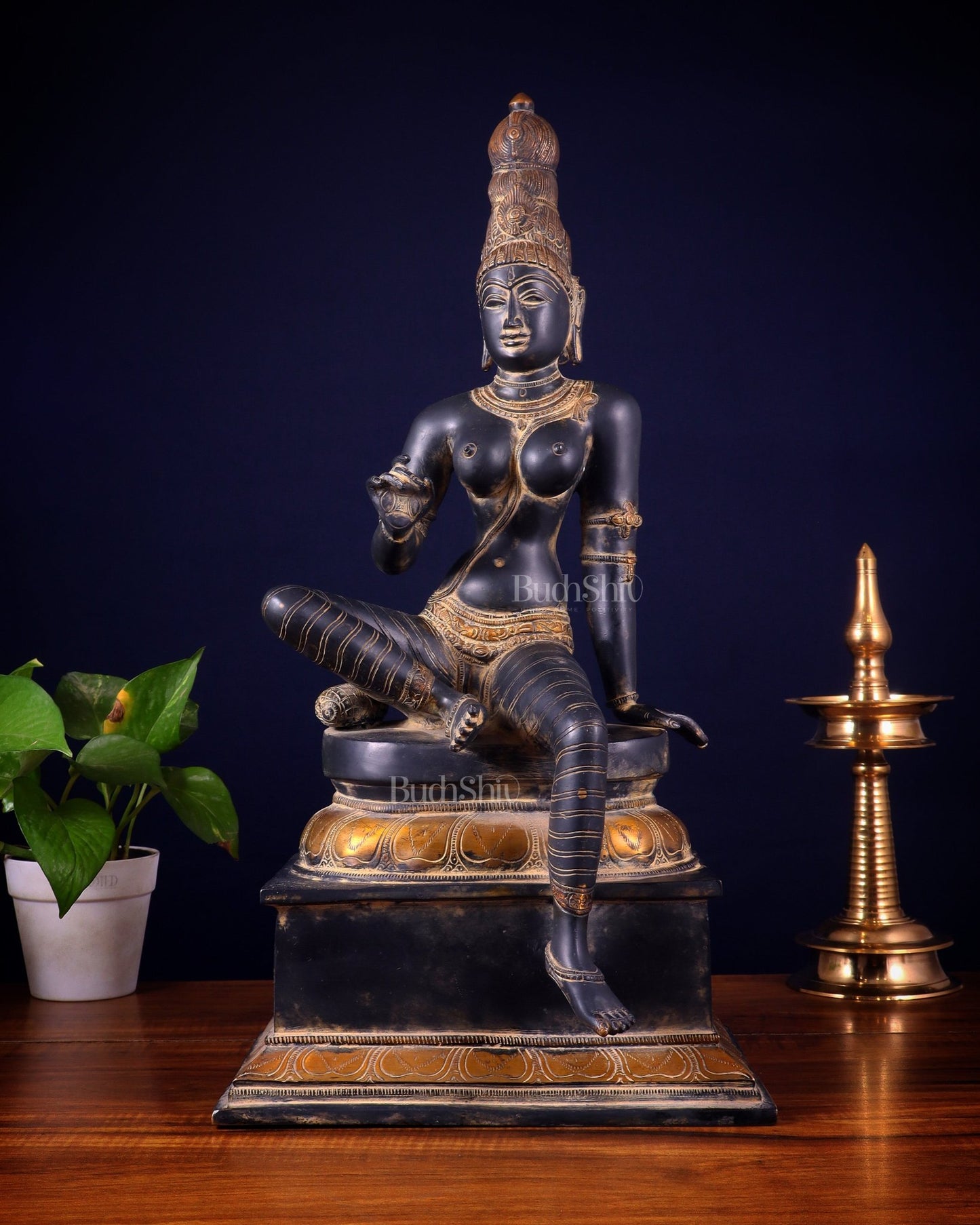Brass Bhoga Shakti Seated Parvati Uma Devi Sculpture | Height: 20.5 inch - Budhshiv.com