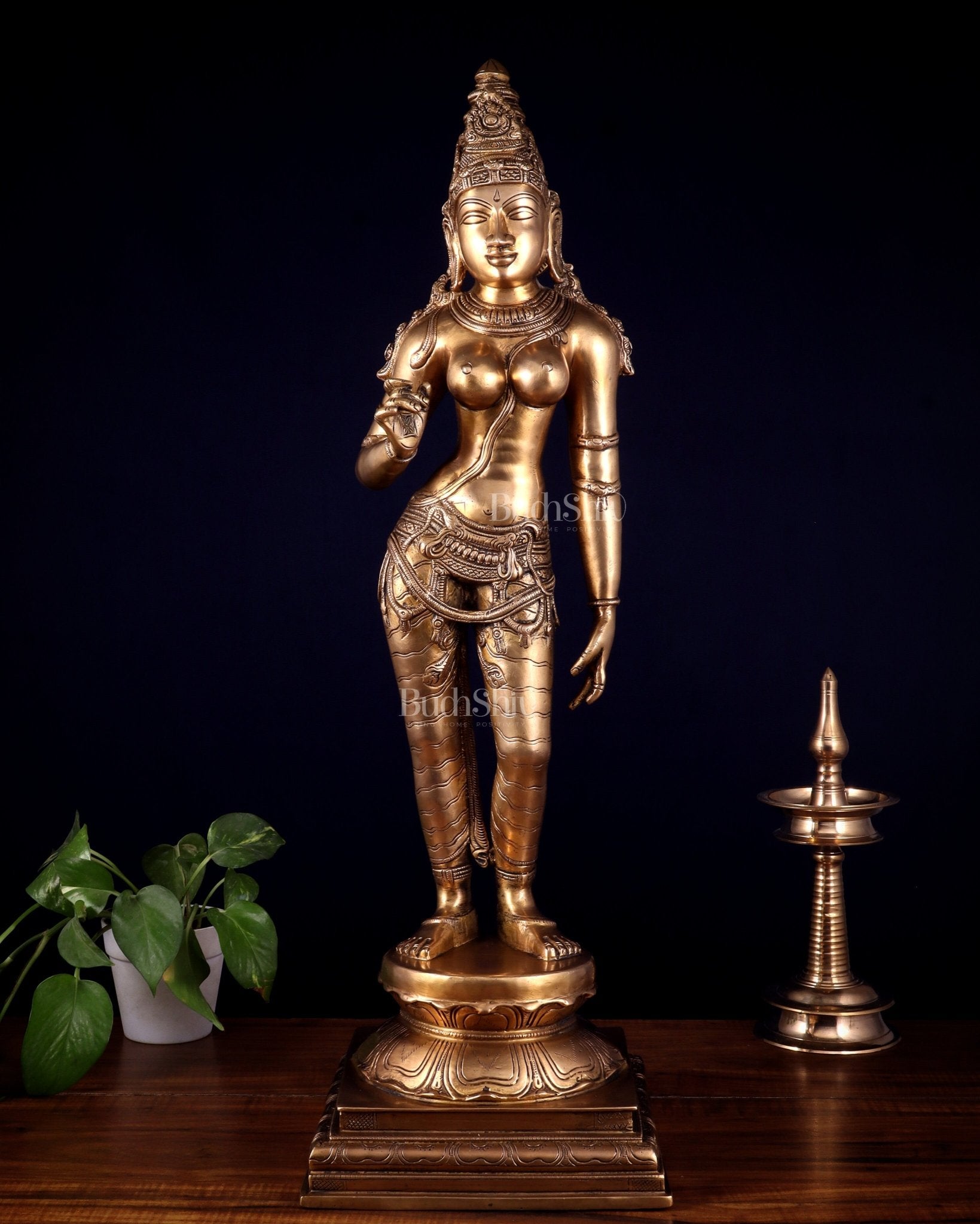 Brass Bhoga Shakti Uma Parvati Standing Sculpture – 27" Height - Budhshiv.com