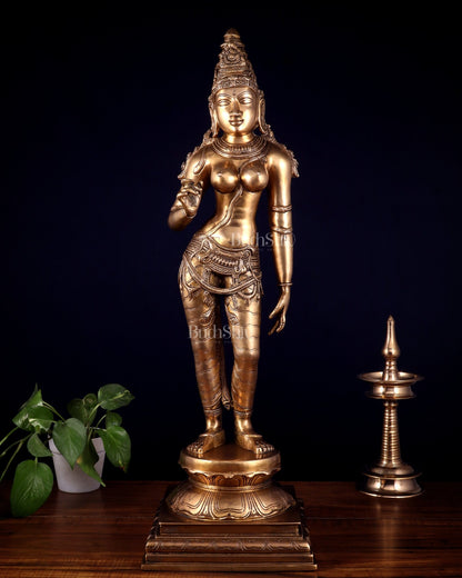 Brass Bhoga Shakti Uma Parvati Standing Sculpture – 27" Height - Budhshiv.com