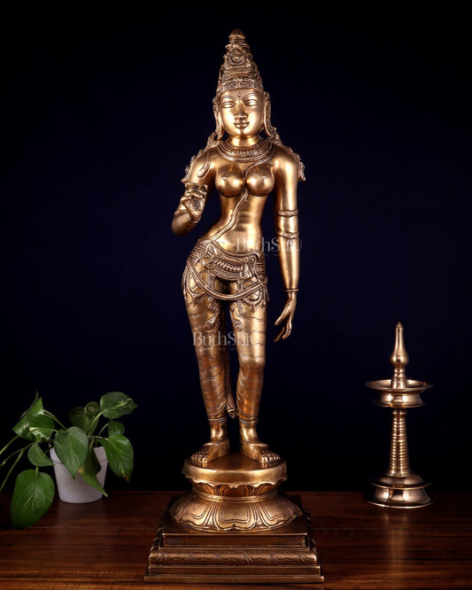 Brass Bhoga Shakti Uma Parvati Standing Sculpture – 27" Height - Budhshiv.com