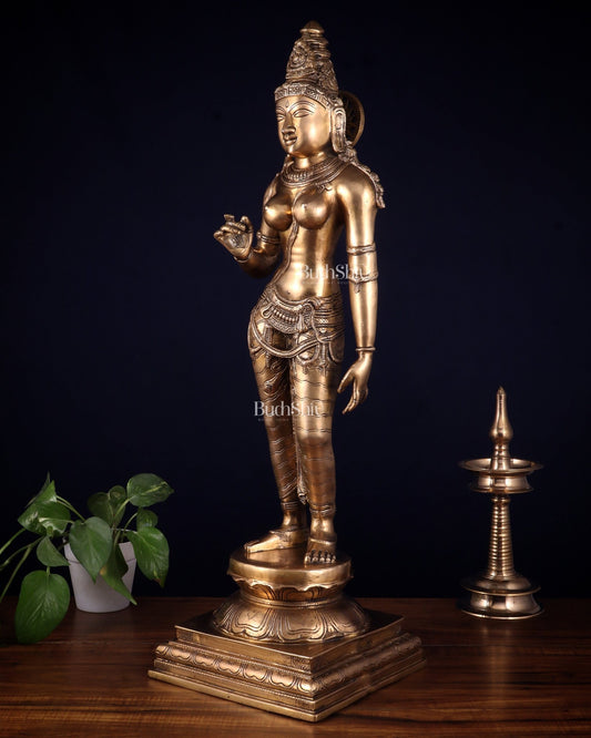 Brass Bhoga Shakti Uma Parvati Standing Sculpture – 27" Height - Budhshiv.com