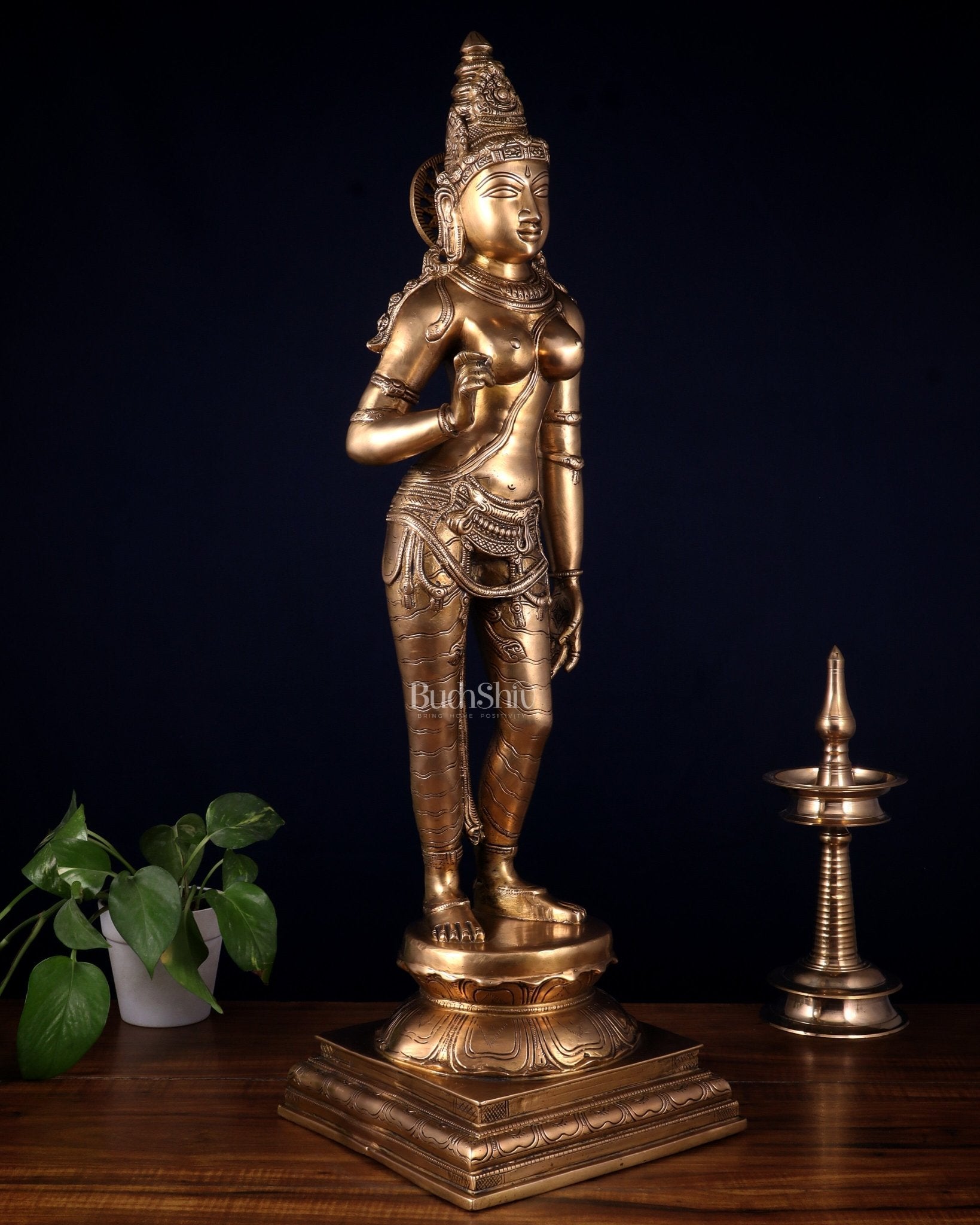 Brass Bhoga Shakti Uma Parvati Standing Sculpture – 27" Height - Budhshiv.com