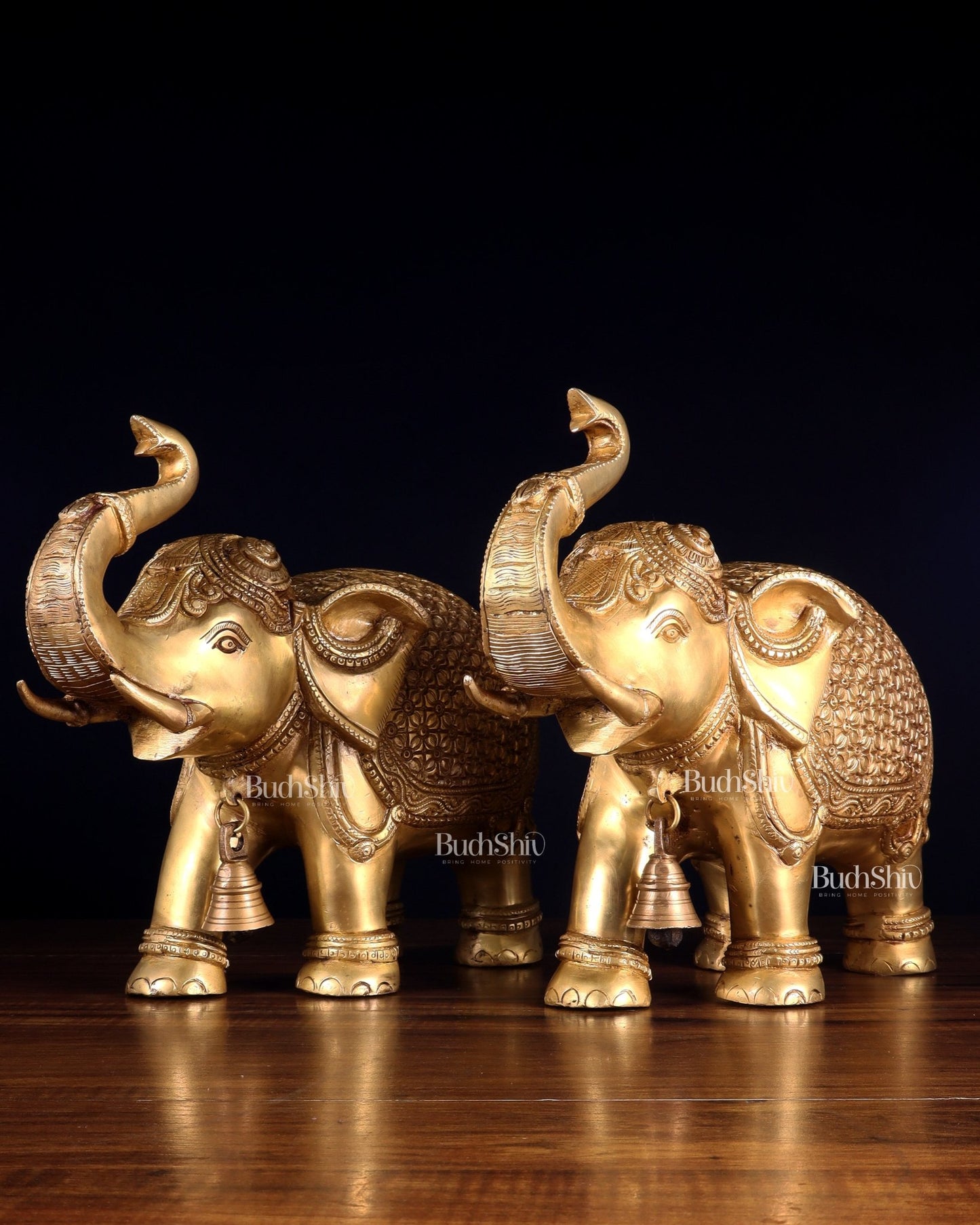 Brass big Elephants pair with trunk up statues 11" - Budhshiv.com