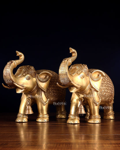 Brass big Elephants pair with trunk up statues 11" - Budhshiv.com