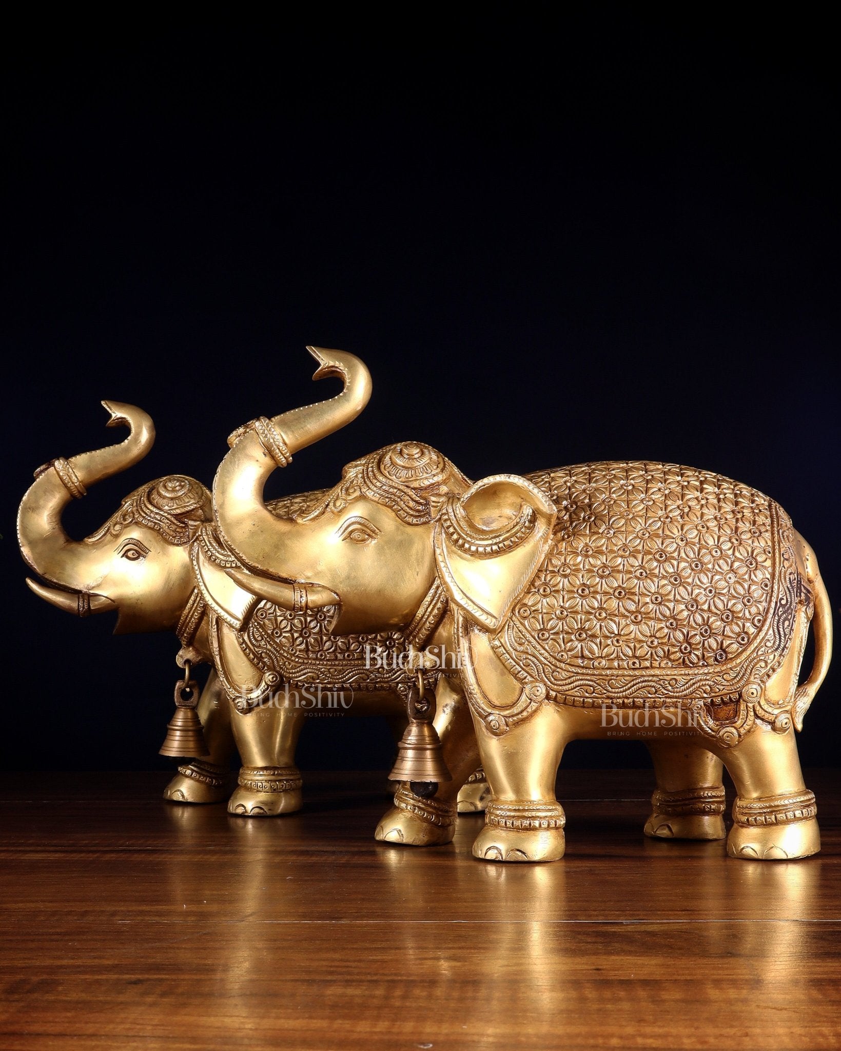 Brass big Elephants pair with trunk up statues 11" - Budhshiv.com