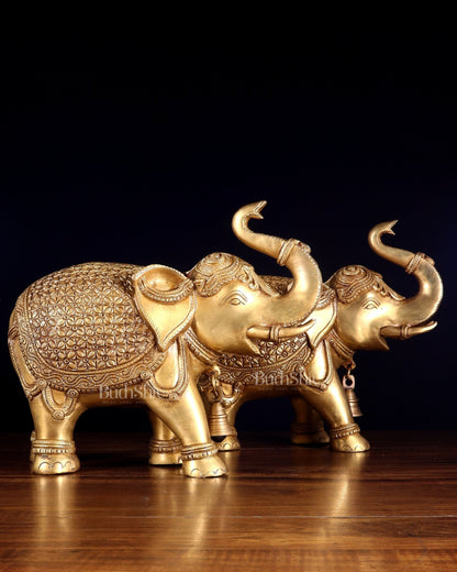Brass big Elephants pair with trunk up statues 11" - Budhshiv.com