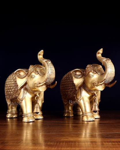 Brass big Elephants pair with trunk up statues 11" - Budhshiv.com