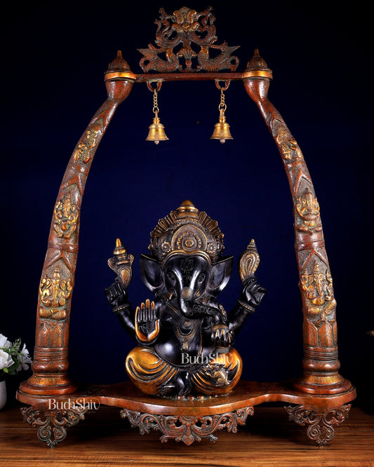 Brass Black Tone Ganesha Statue with Temple Arch Frame 35 inch - Budhshiv.com