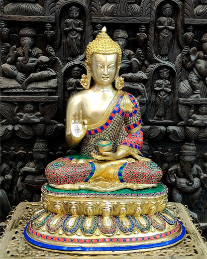 Brass Blessing Buddha with Stonework 21" - Budhshiv.com
