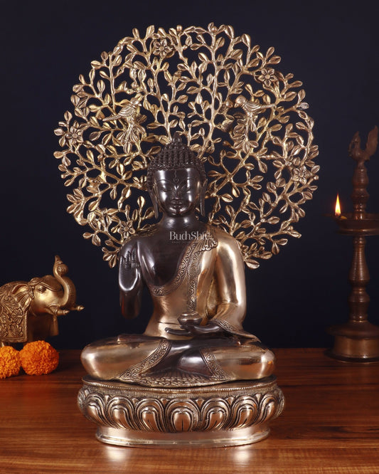 Brass Blessing Buddha with Tree Statue – Black Edition, 20 Inch, - Budhshiv.com