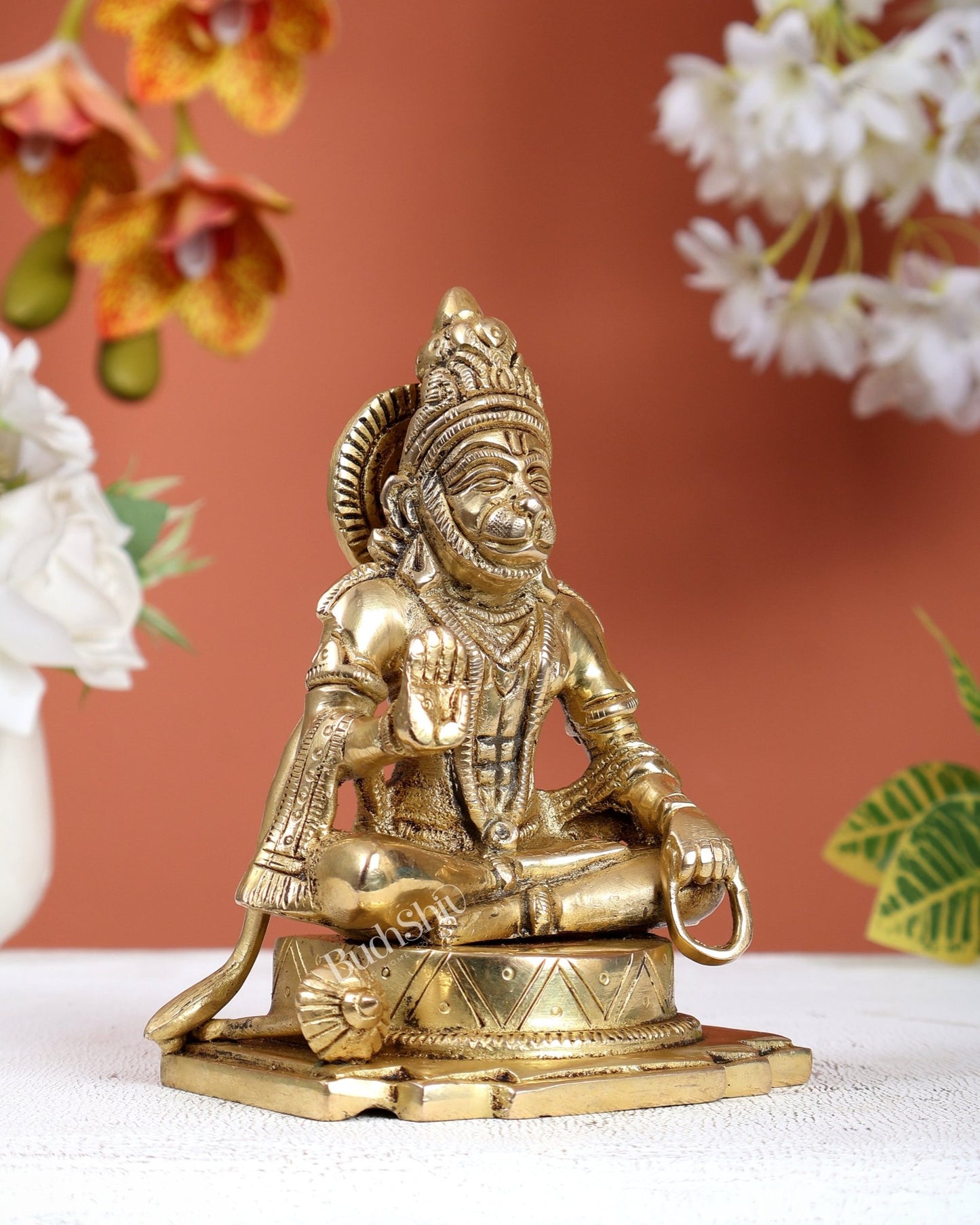 Brass Blessing Hanuman Ji Idol with Jap Mala – Cross Legged Divine Statue (5.5 Inches) - Budhshiv.com