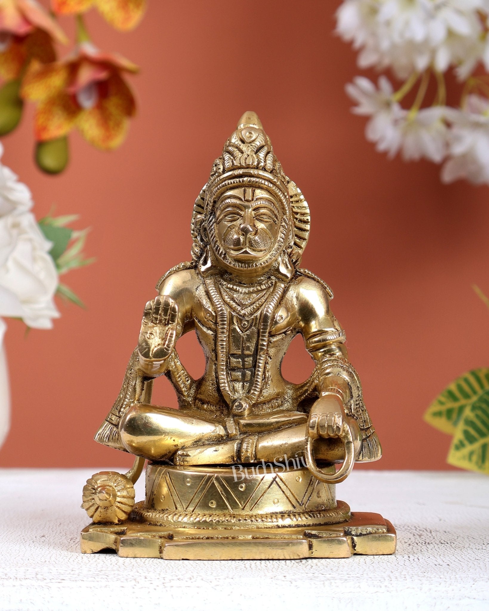 Brass Blessing Hanuman Ji Idol with Jap Mala – Cross Legged Divine Statue (5.5 Inches) - Budhshiv.com