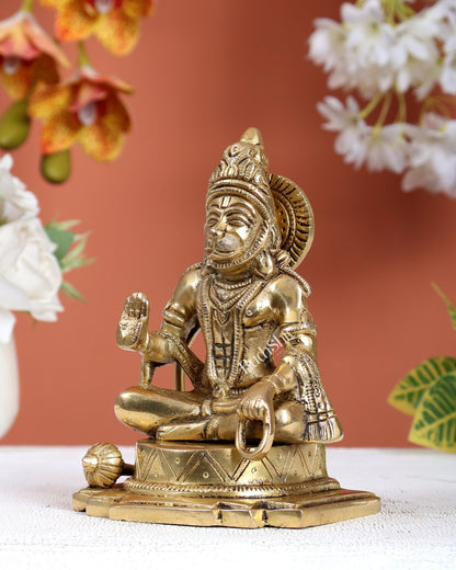 Brass Blessing Hanuman Ji Idol with Jap Mala – Cross Legged Divine Statue (5.5 Inches) - Budhshiv.com