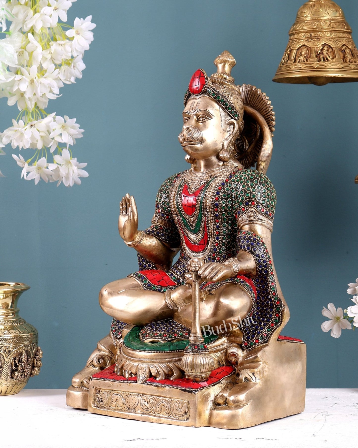 Brass Blessing Hanuman Statue – 17.5 Inch stonework - Budhshiv.com