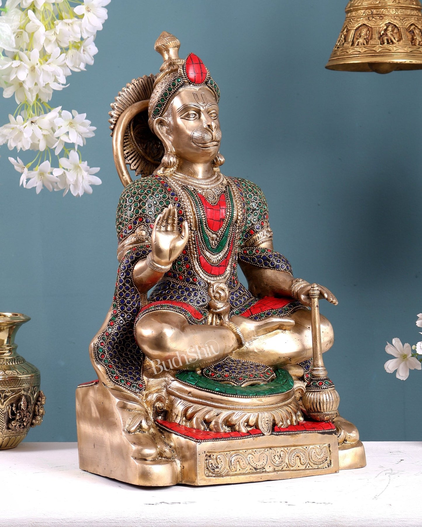 Brass Blessing Hanuman Statue – 17.5 Inch stonework - Budhshiv.com