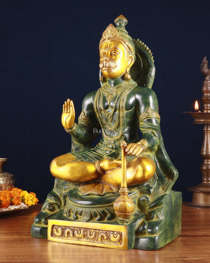 Brass Blessing Hanuman Statue – Green Tone, 17.5 Inch - Budhshiv.com