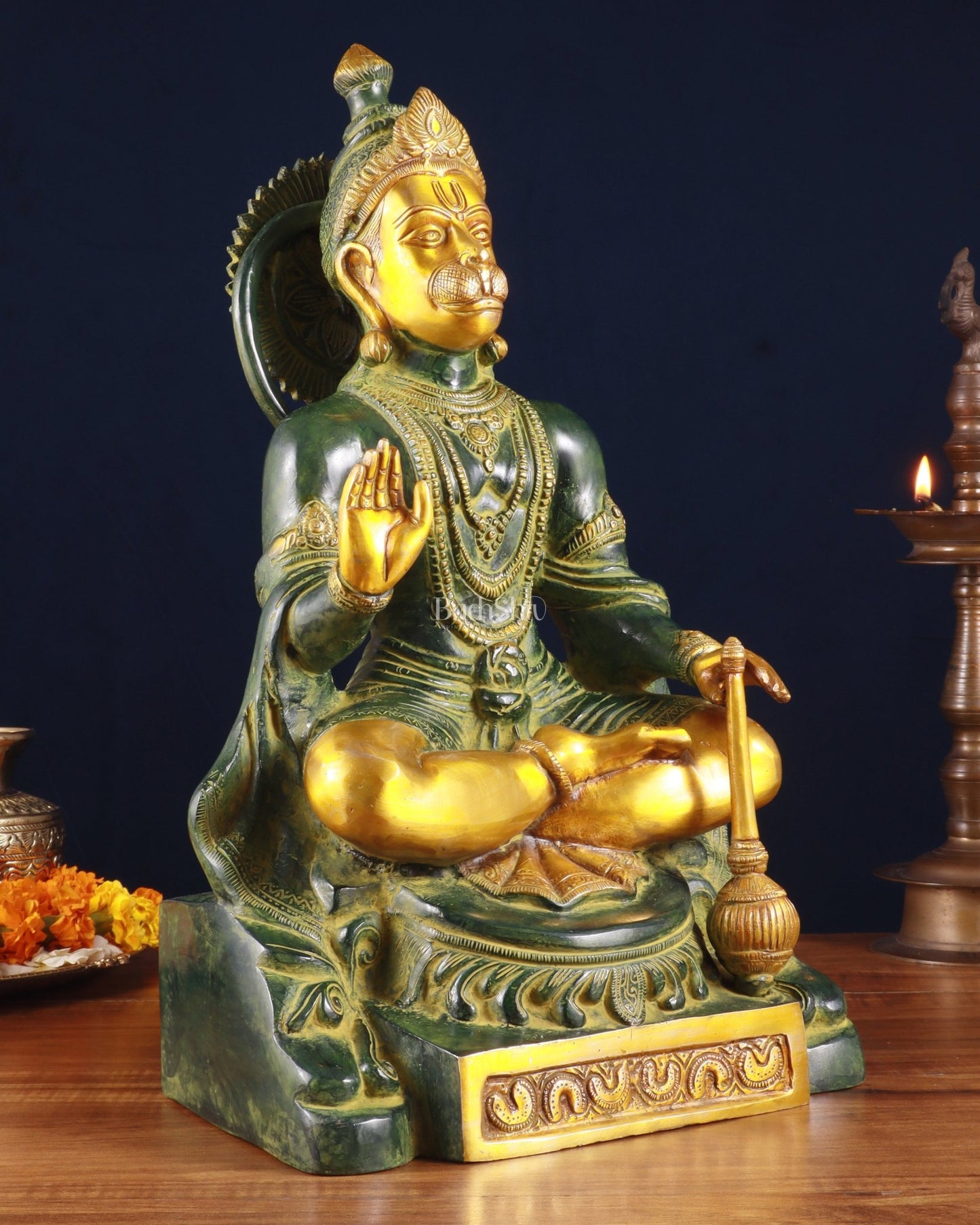 Brass Blessing Hanuman Statue – Green Tone, 17.5 Inch - Budhshiv.com