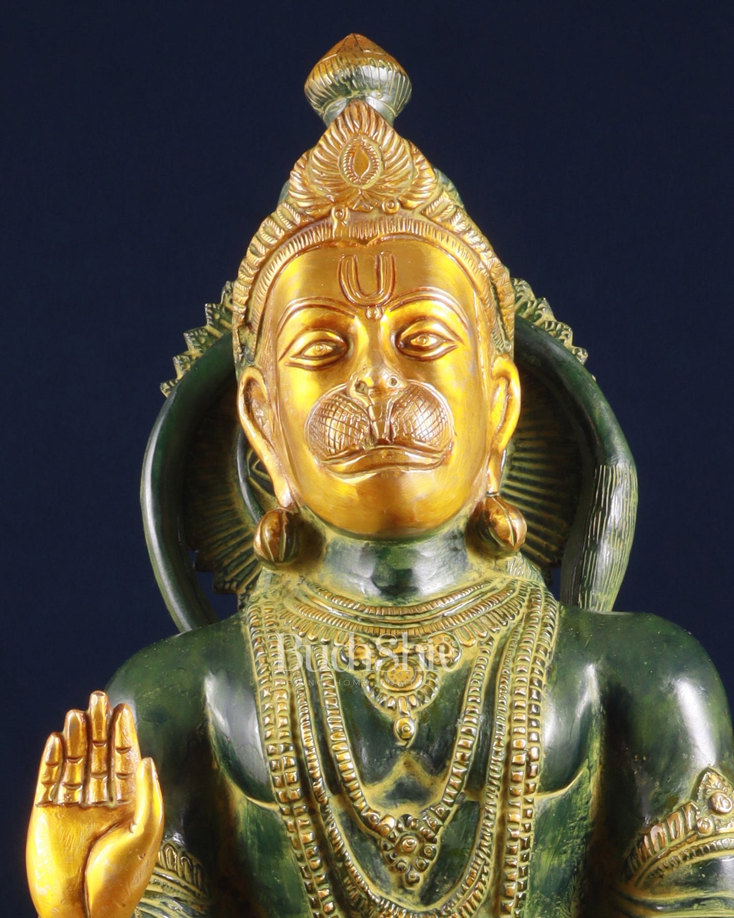 Brass Blessing Hanuman Statue – Green Tone, 17.5 Inch - Budhshiv.com