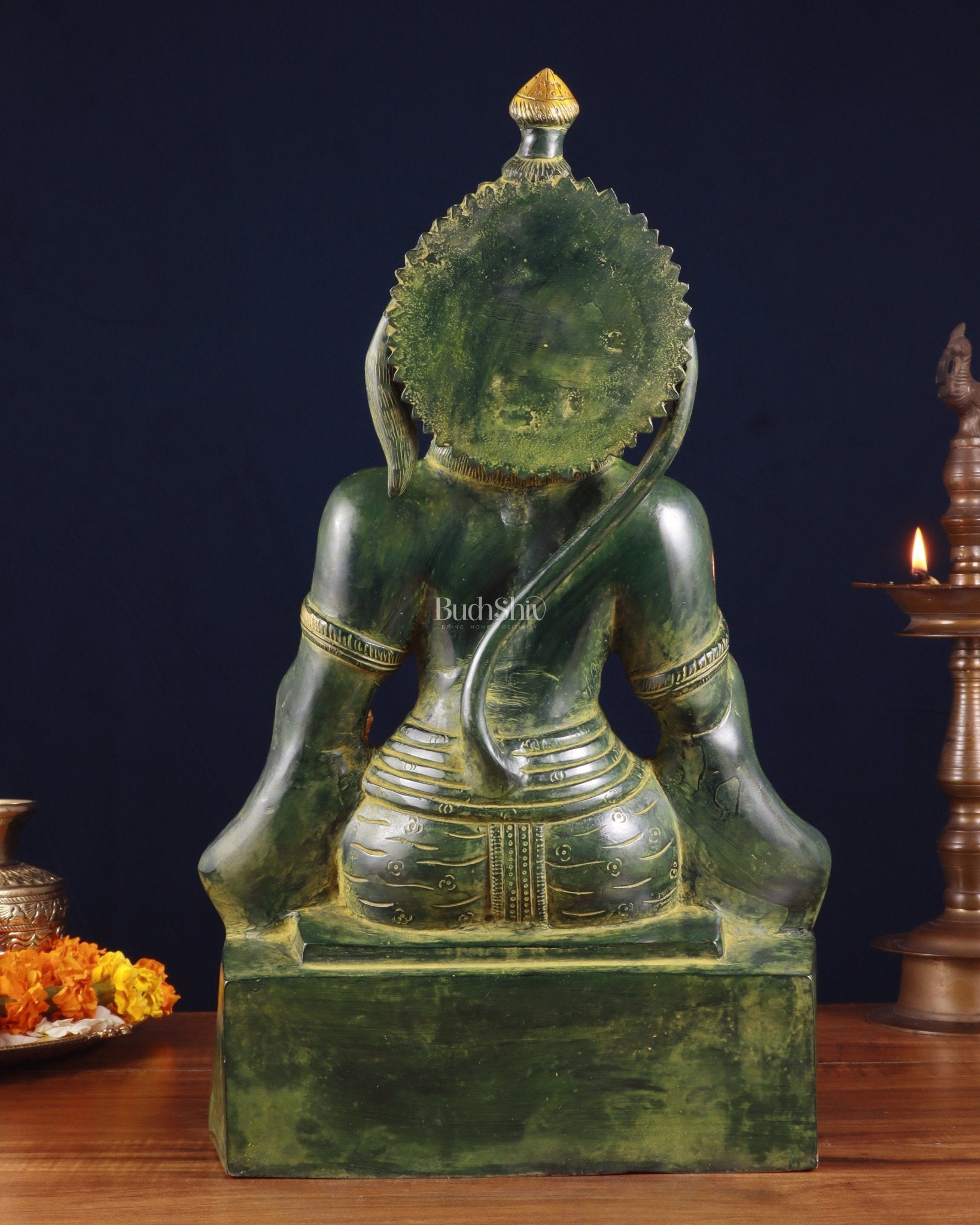 Brass Blessing Hanuman Statue – Green Tone, 17.5 Inch - Budhshiv.com