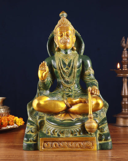 Brass Blessing Hanuman Statue – Green Tone, 17.5 Inch - Budhshiv.com