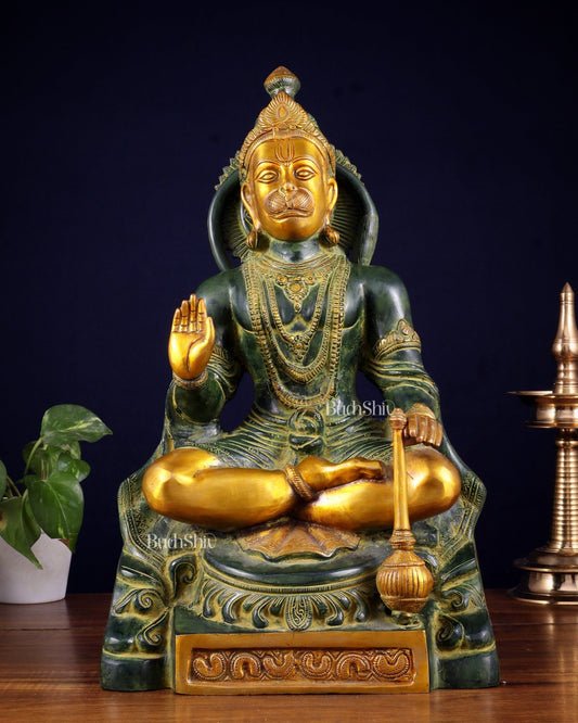 Brass Blessing Hanuman Statue – Green Tone, 17.5 Inch - Budhshiv.com