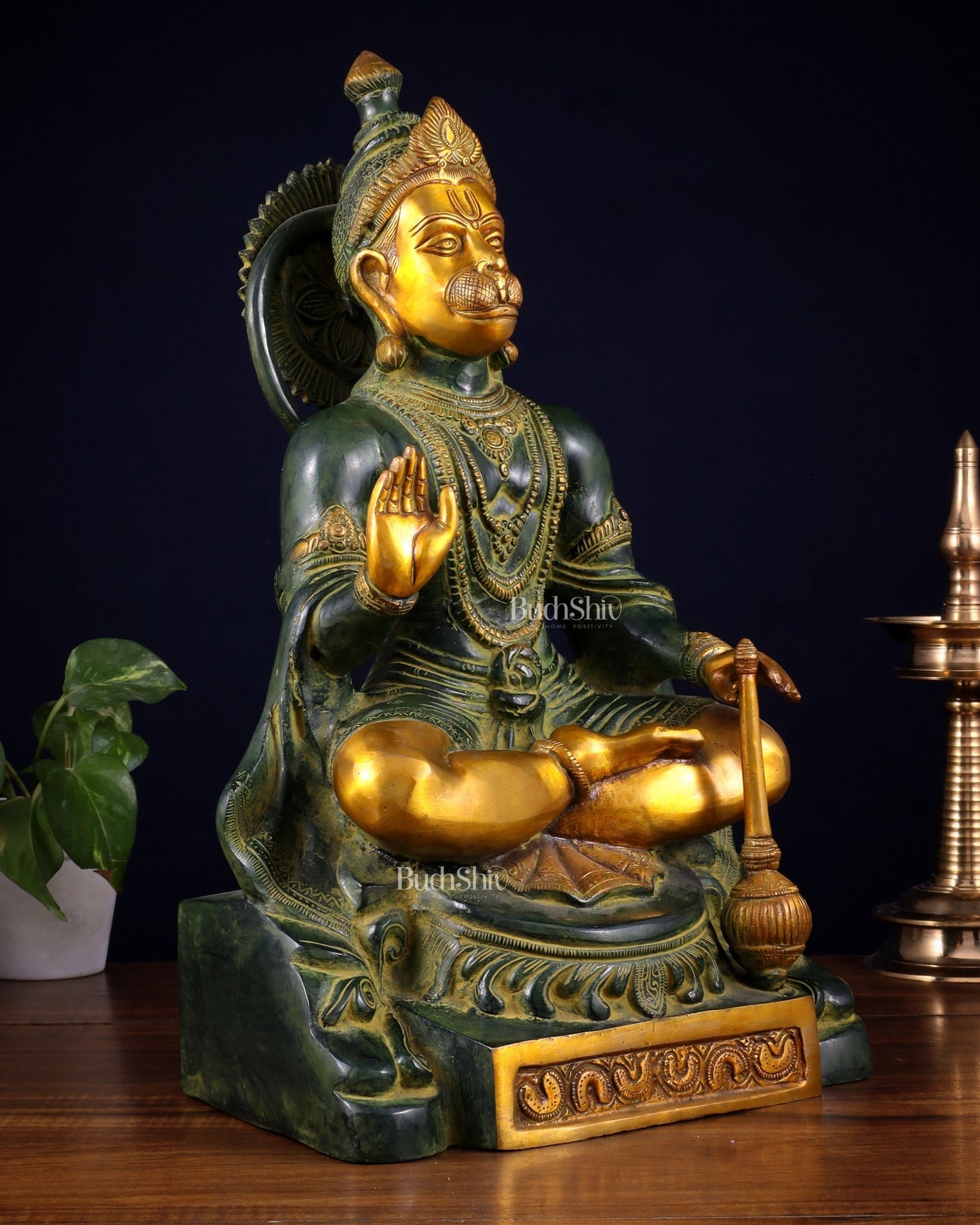Brass Blessing Hanuman Statue – Green Tone, 17.5 Inch - Budhshiv.com