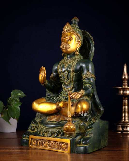 Brass Blessing Hanuman Statue – Green Tone, 17.5 Inch - Budhshiv.com
