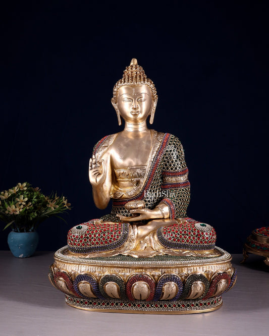 Brass Buddha aashirwad Statue 16 inch jewellers meenakari - Budhshiv.com