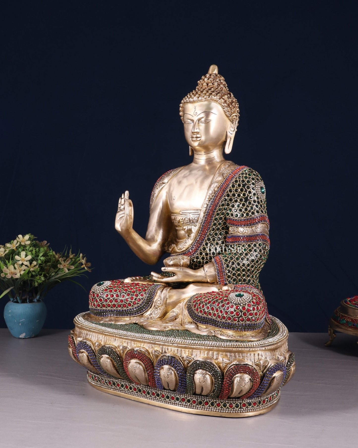 Brass Buddha aashirwad Statue 16 inch jewellers meenakari - Budhshiv.com
