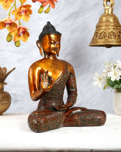 Brass Buddha Abhaya Mudra Statue – Chola Bronze Tone Blessing Sculpture (11 Inches) - Budhshiv.com