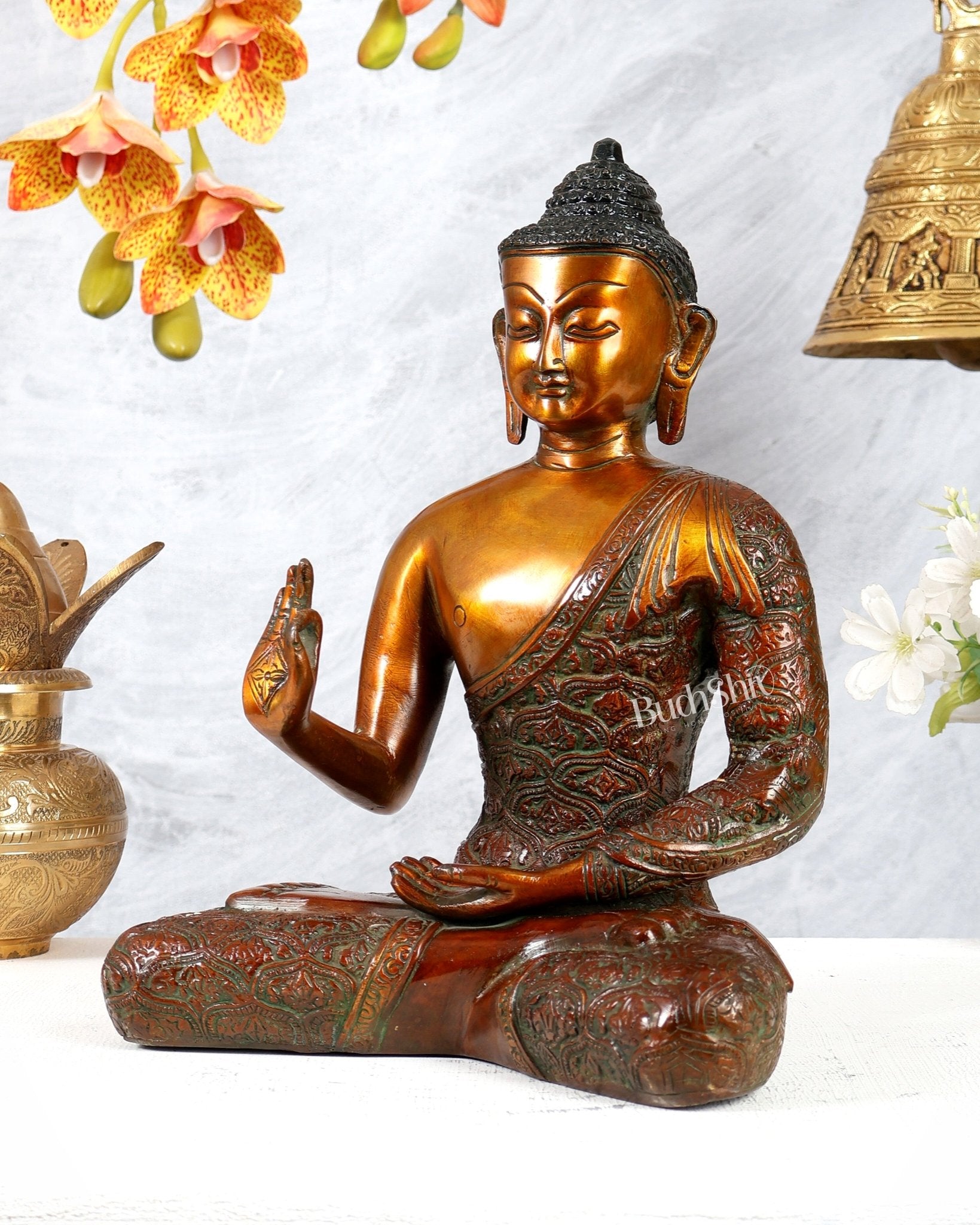 Brass Buddha Abhaya Mudra Statue – Chola Bronze Tone Blessing Sculpture (11 Inches) - Budhshiv.com