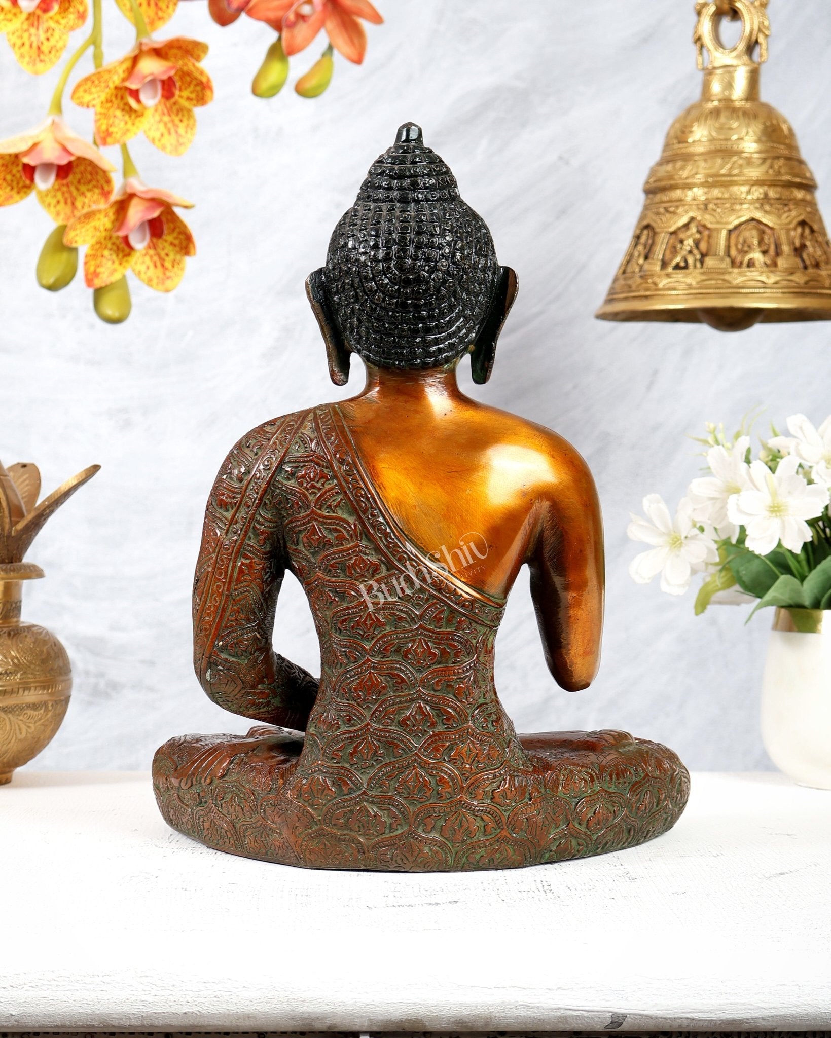 Brass Buddha Abhaya Mudra Statue – Chola Bronze Tone Blessing Sculpture (11 Inches) - Budhshiv.com