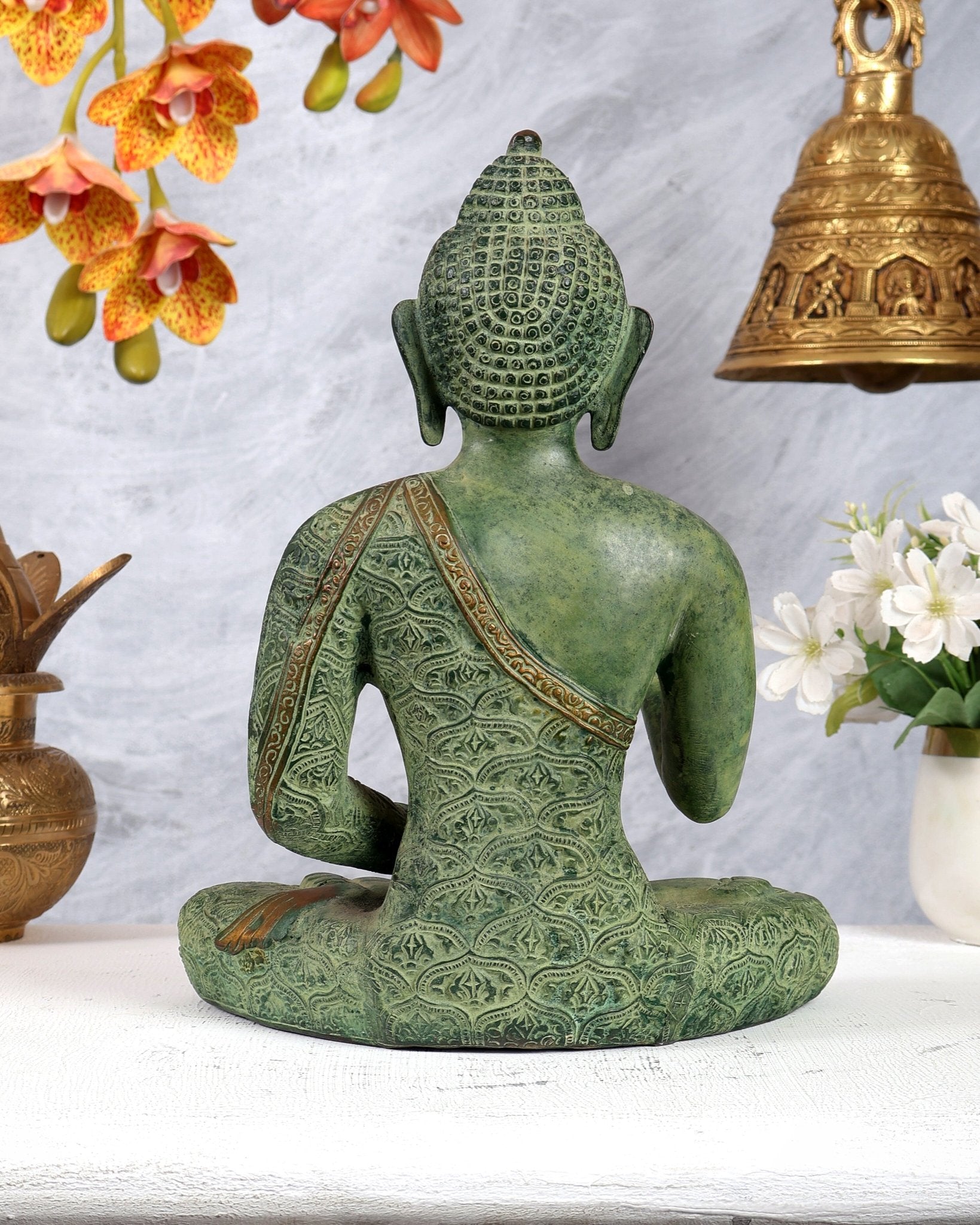 Brass Buddha Abhaya Mudra Statue – Green Sand Finish Patina Blessing Sculpture (11 Inches) - Budhshiv.com