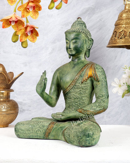 Brass Buddha Abhaya Mudra Statue – Green Sand Finish Patina Blessing Sculpture (11 Inches) - Budhshiv.com