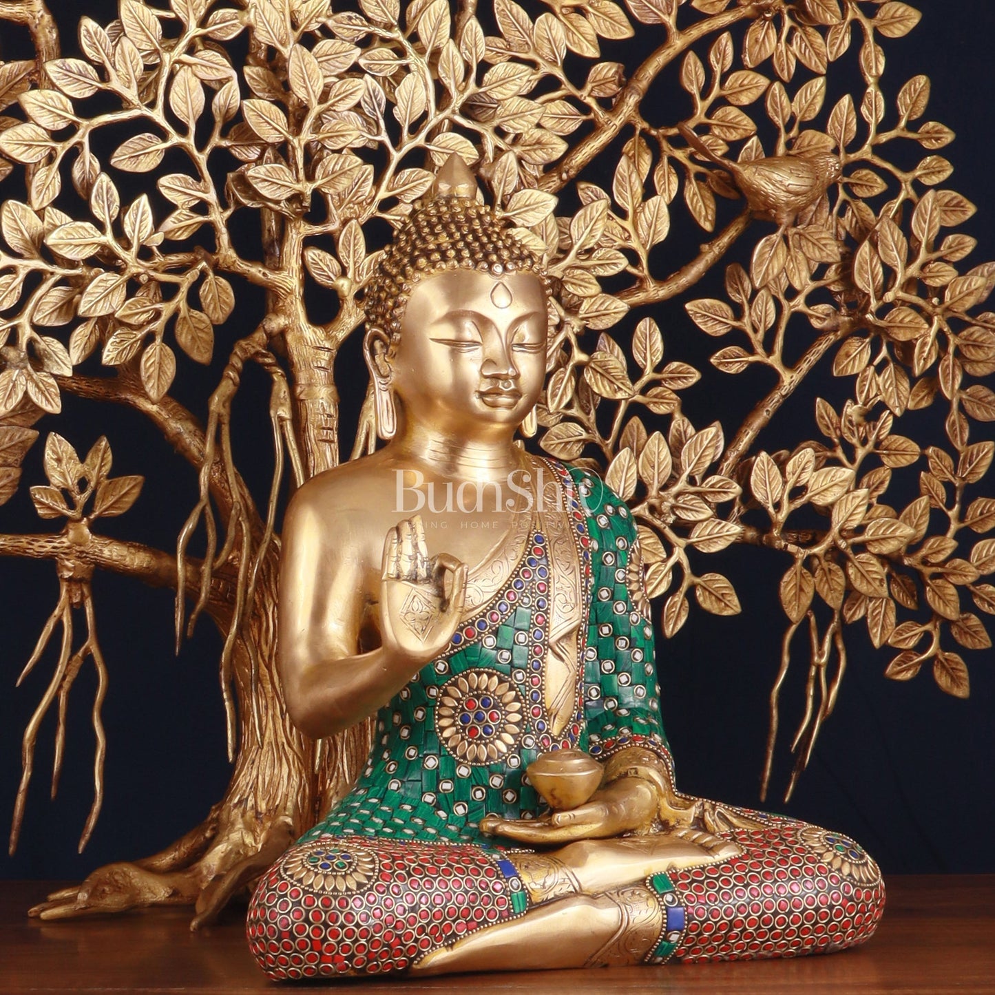 Brass Buddha Abhaya Mudra Statue & Superfine Kalpavriksha Tree – Divine Decor Combo - Budhshiv.com