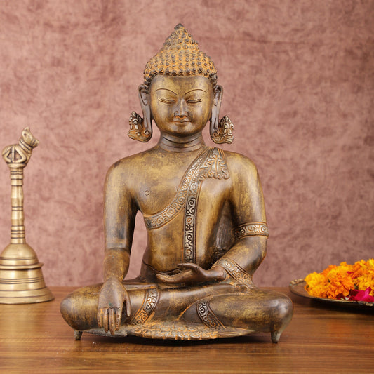 Brass Buddha Bhoomi Sparsha Antique Finish Statue | 14 inch - Budhshiv.com