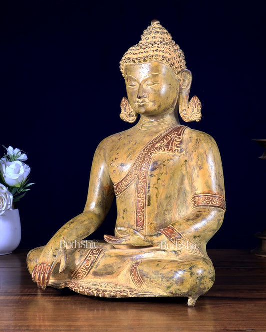 Brass Buddha Bhoomi Sparsha Green patina Finish Statue | 14 inch - Budhshiv.com