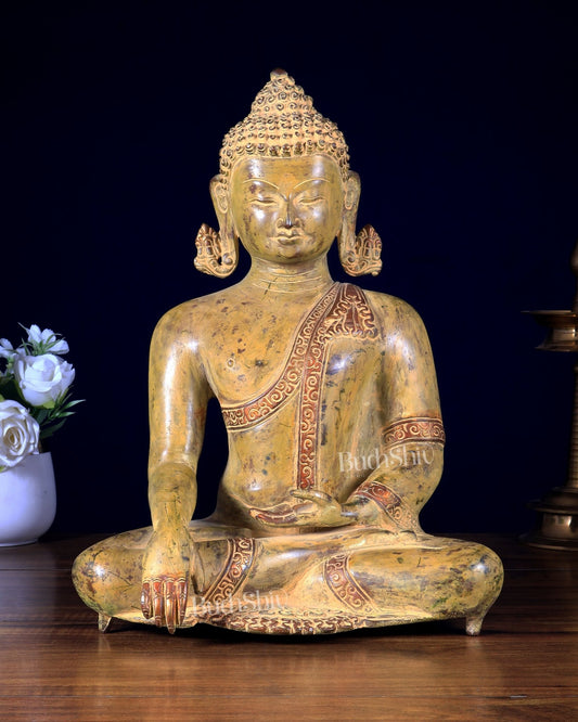 Brass Buddha Bhoomi Sparsha Green patina Finish Statue | 14 inch - Budhshiv.com