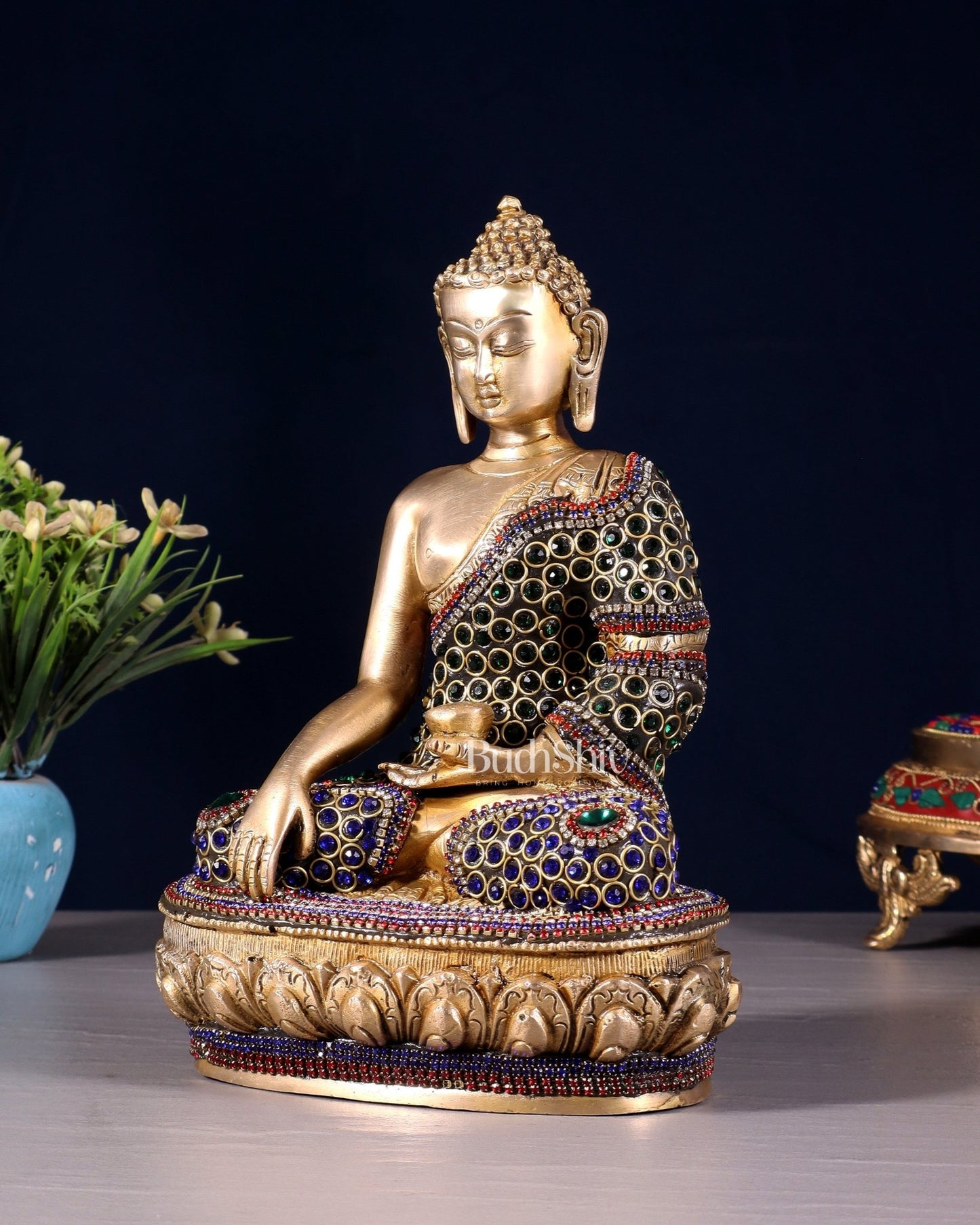 Brass Buddha bhoomisparsha Idol - 9 Inch jewellers meenakari - Budhshiv.com