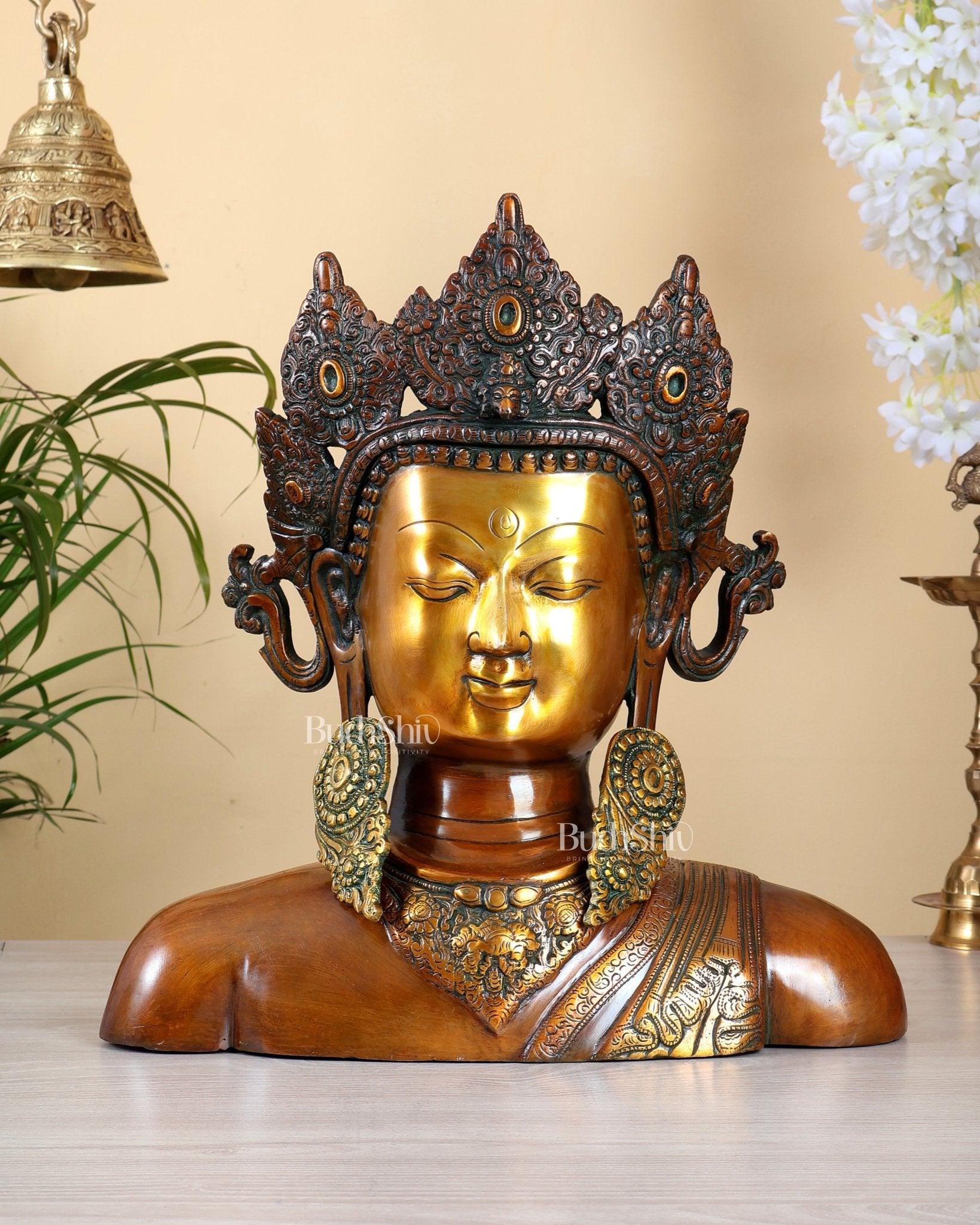 Brass Buddha Bust Sculpture – 15 Inch Crowned Buddha Face in Three Tone Finish - Budhshiv.com
