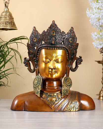 Brass Buddha Bust Sculpture – 15 Inch Crowned Buddha Face in Three Tone Finish - Budhshiv.com