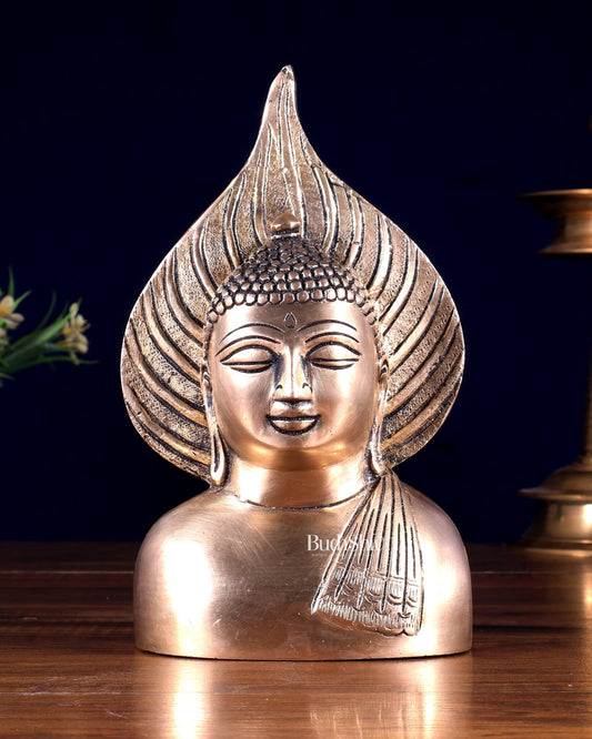 Brass Buddha Face Bust with Leaf Motif | Wall & Table Decor - Budhshiv.com