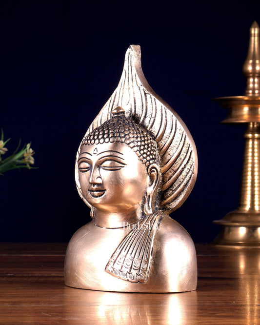 Brass Buddha Face Bust with Leaf Motif | Wall & Table Decor - Budhshiv.com