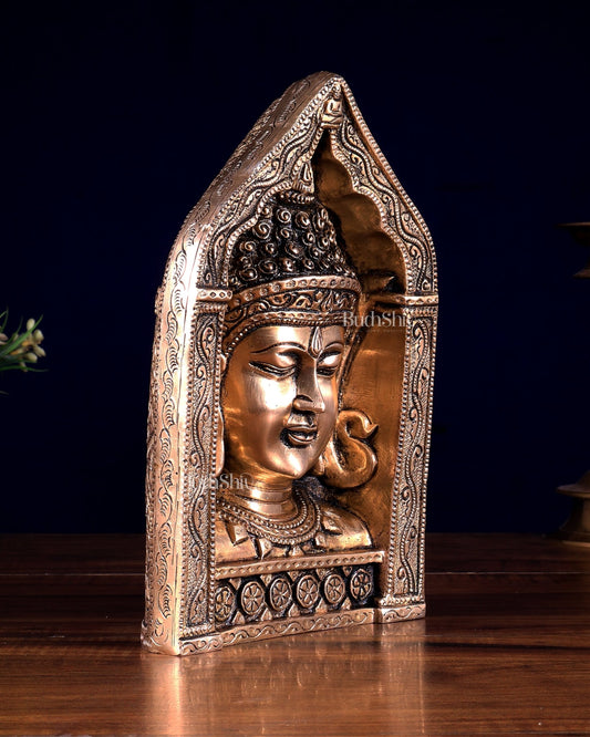 Brass Buddha Face in Beautifully Carved Frame | Decorative Accent 9.5 inch - Budhshiv.com