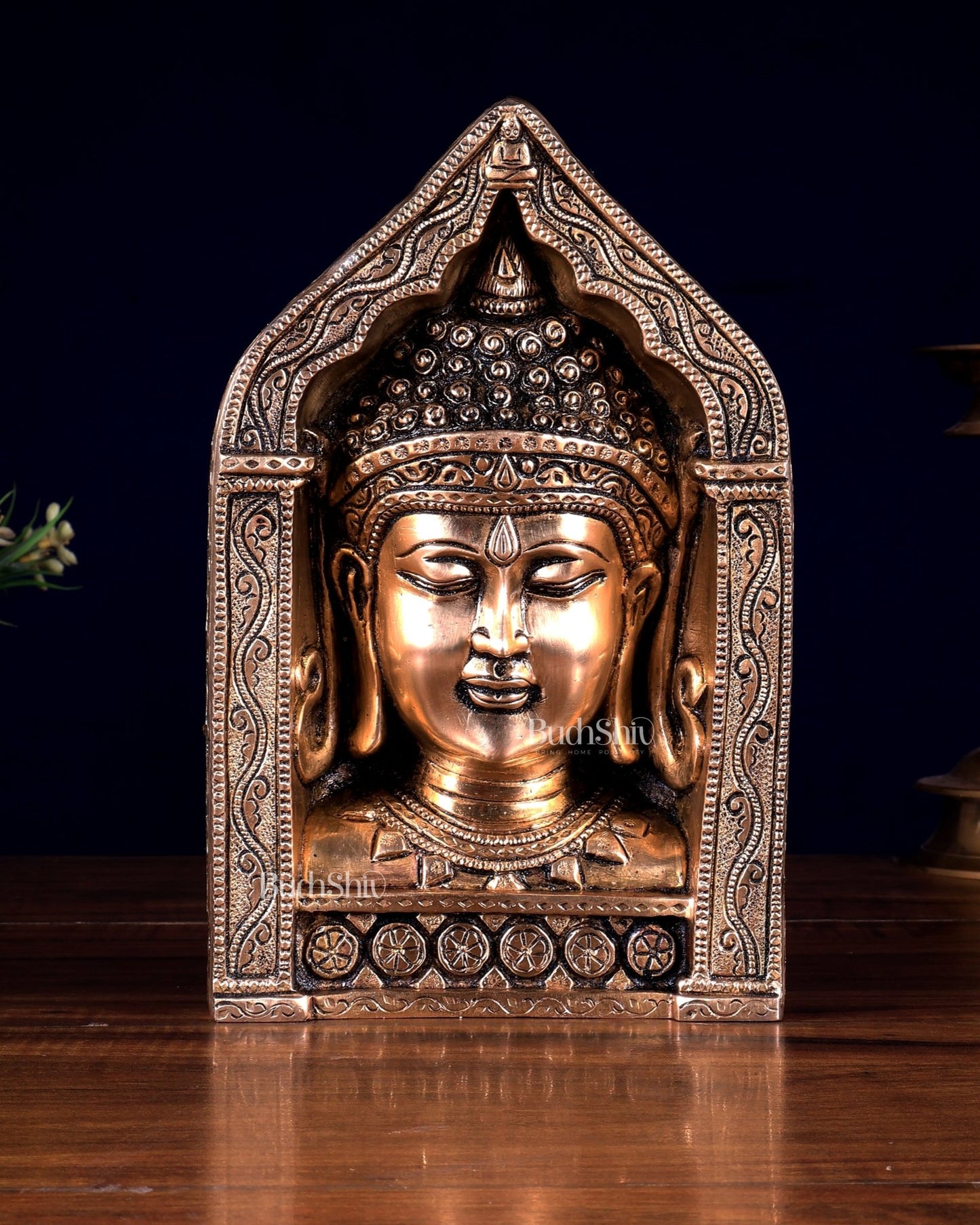 Brass Buddha Face in Beautifully Carved Frame | Decorative Accent 9.5 inch - Budhshiv.com