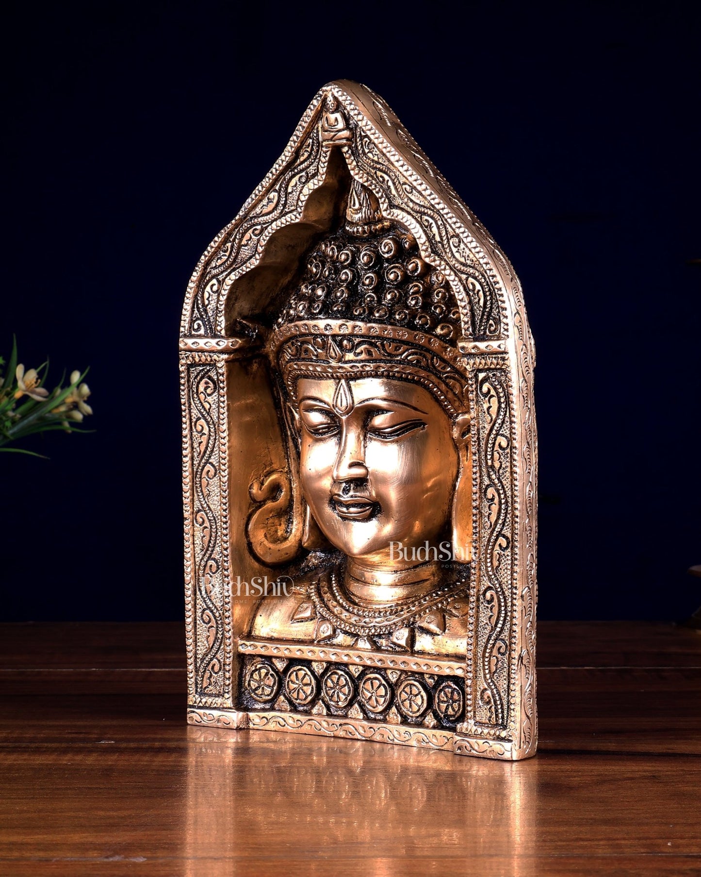 Brass Buddha Face in Beautifully Carved Frame | Decorative Accent 9.5 inch - Budhshiv.com