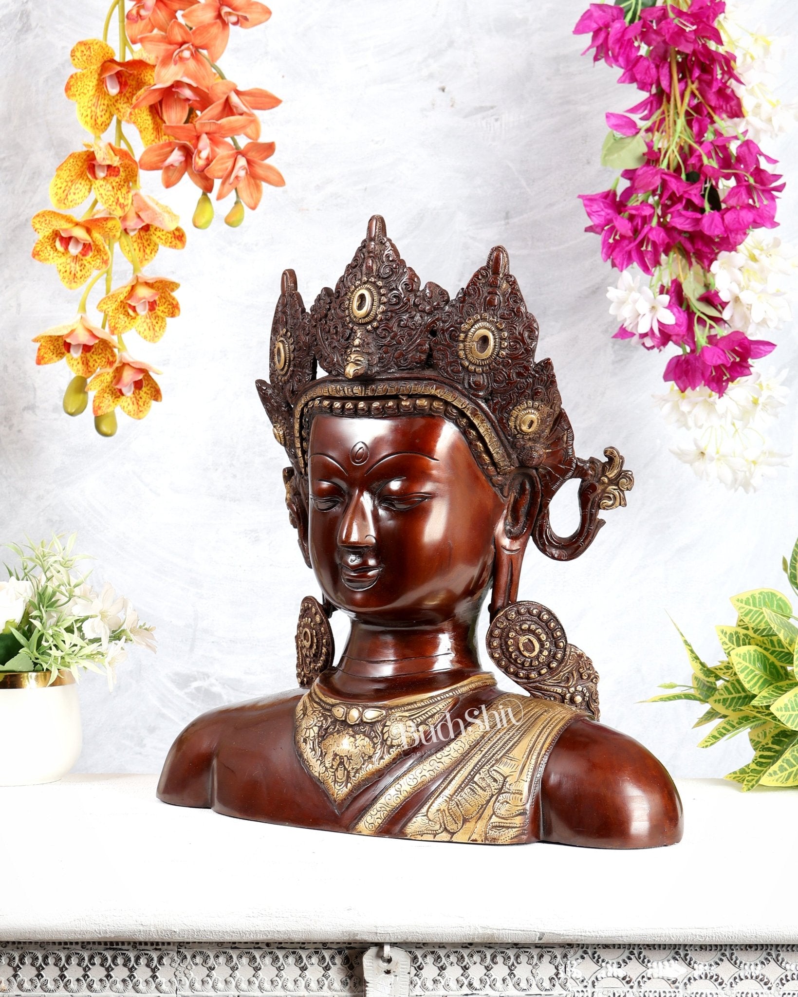 Brass Buddha Face Statue | Dual Tone Tabletop Décor | 17.5 Inch - Budhshiv.com