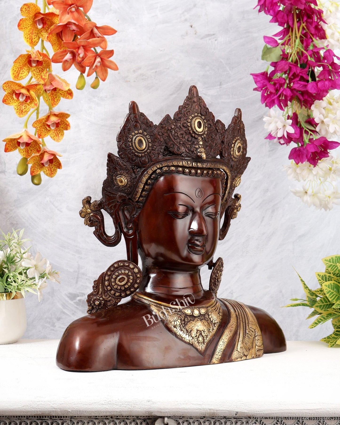 Brass Buddha Face Statue | Dual Tone Tabletop Décor | 17.5 Inch - Budhshiv.com