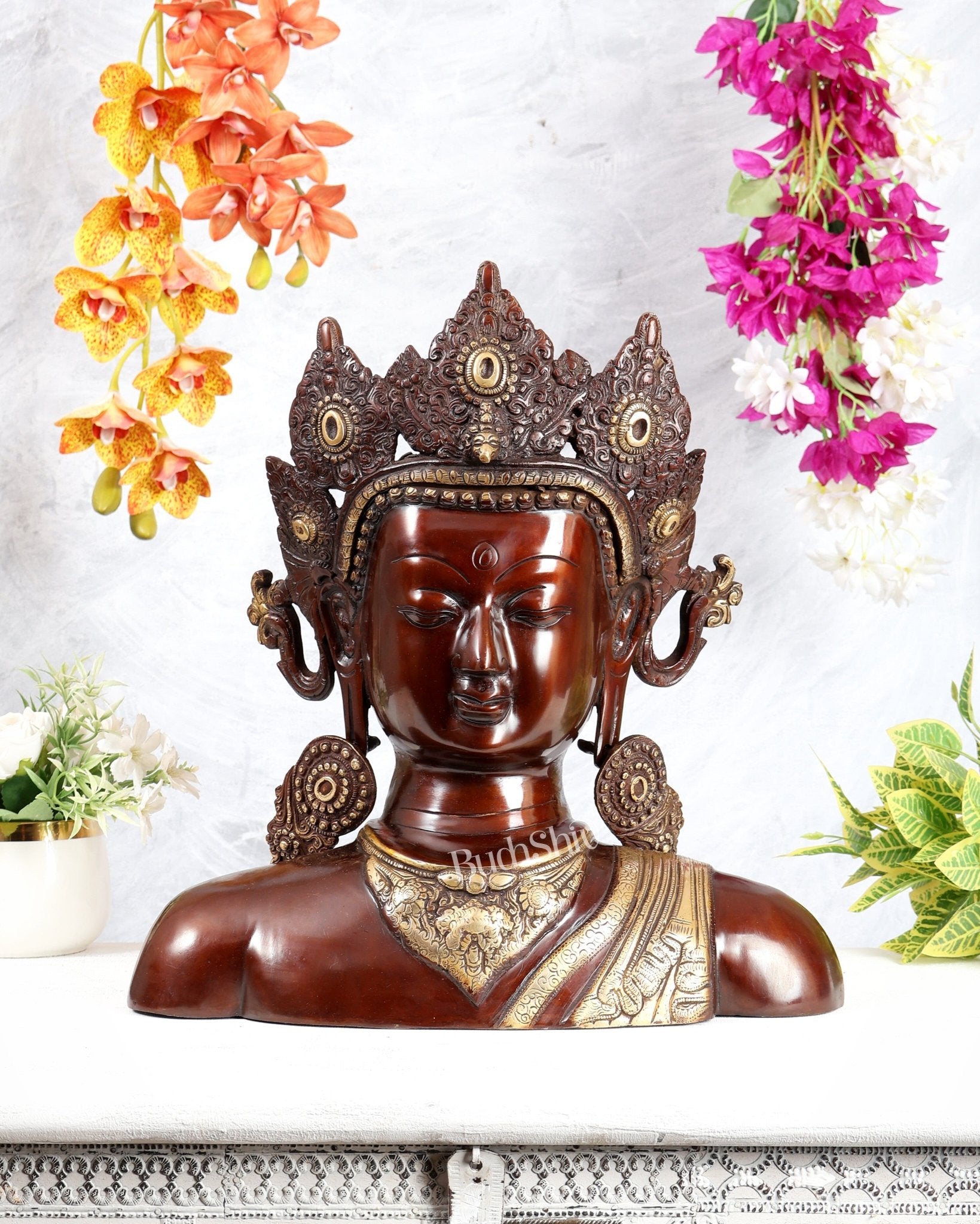 Brass Buddha Face Statue | Dual Tone Tabletop Décor | 17.5 Inch - Budhshiv.com